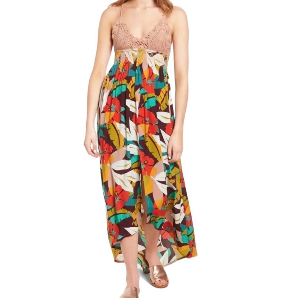 ASTR The Label Paola Crochet Top Tropical Print Maxi Dress Sz S